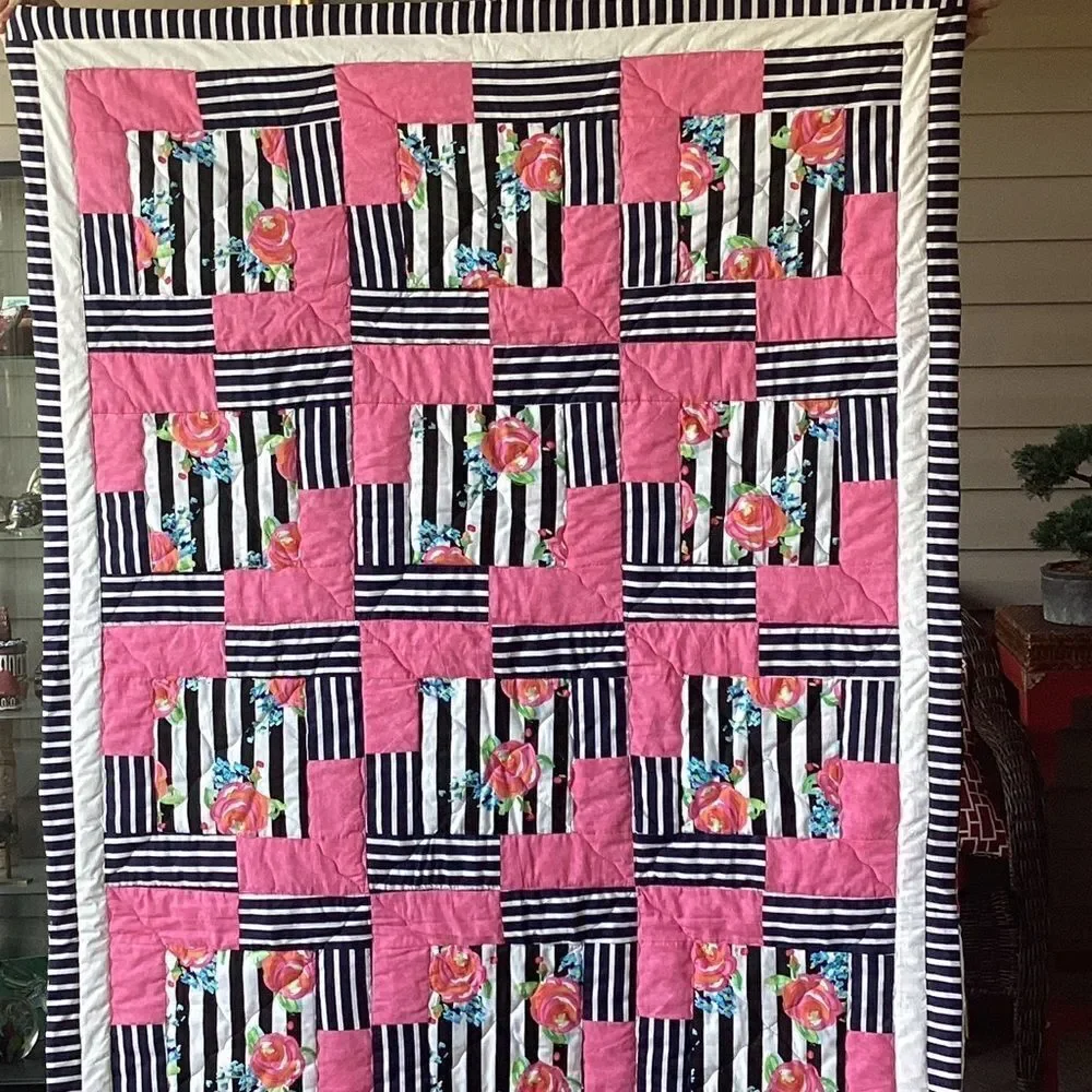 NWT. Hand Crafted Pink and Black Striped With Roses Floral Quilt